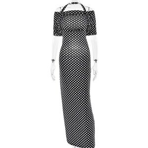 Glitz Black and White Asymmetrical Gown with Puff Sleeves